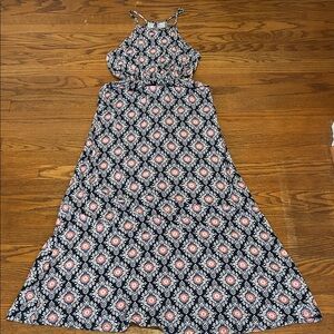 French Grey Maxi Boho Beachy Patterned Tank Dress with Cutout Design Small